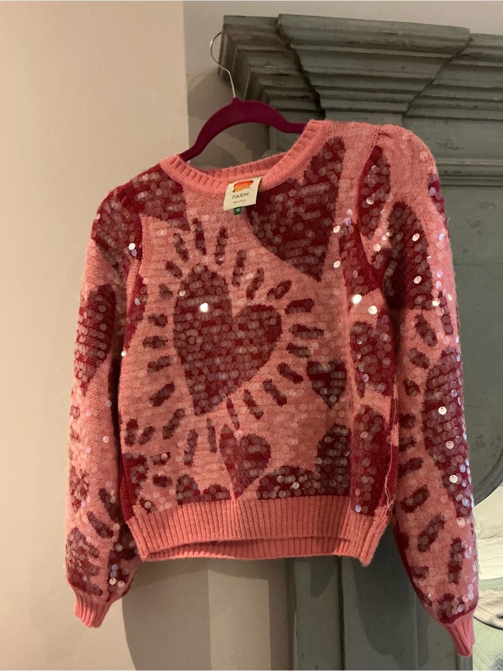 FARM Rio Pink Sequin Heart Crewneck Sweater